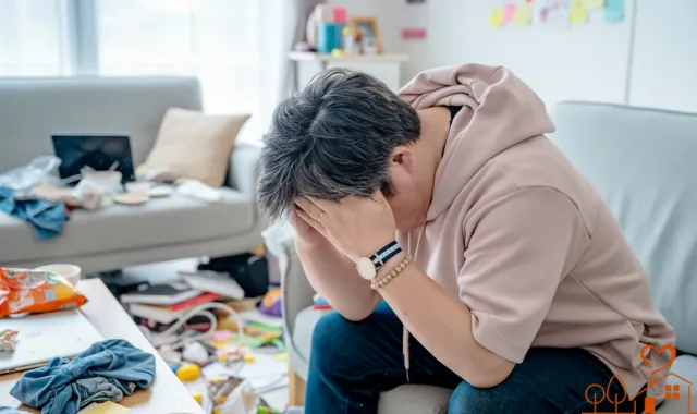 荒れた家とうなだれる男性