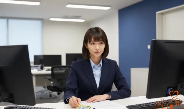 オフィスにいる虫眼鏡を持つ女性