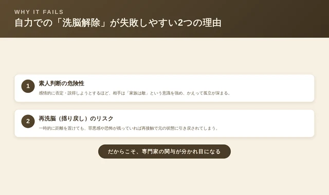 自力での洗脳解除が失敗しやすい2つの理由を示した図解(素人判断の危険性、再洗脳のリスク)